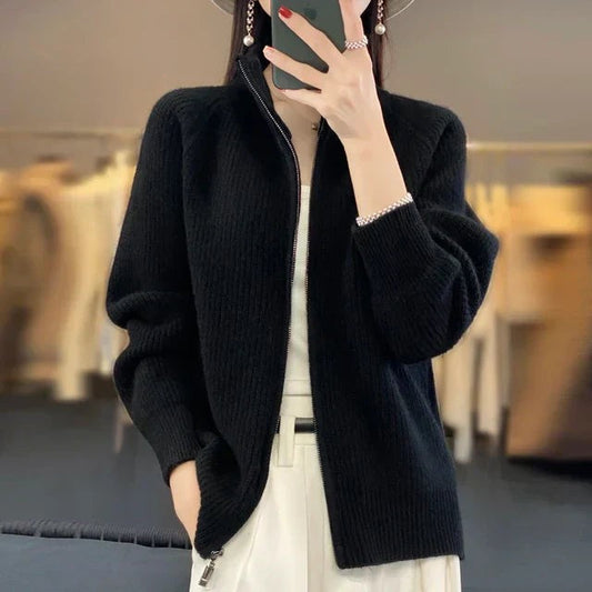 Women’s High-Collar Zip-Up Knit Sweater