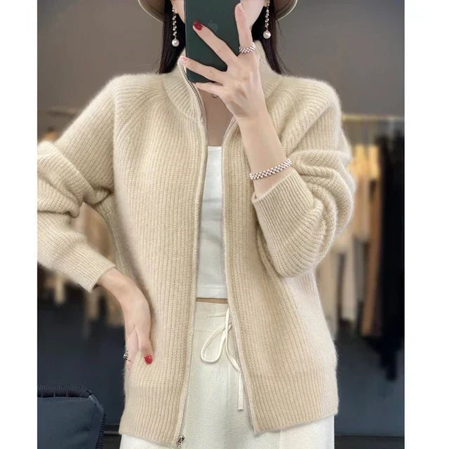 Women’s High-Collar Zip-Up Knit Sweater