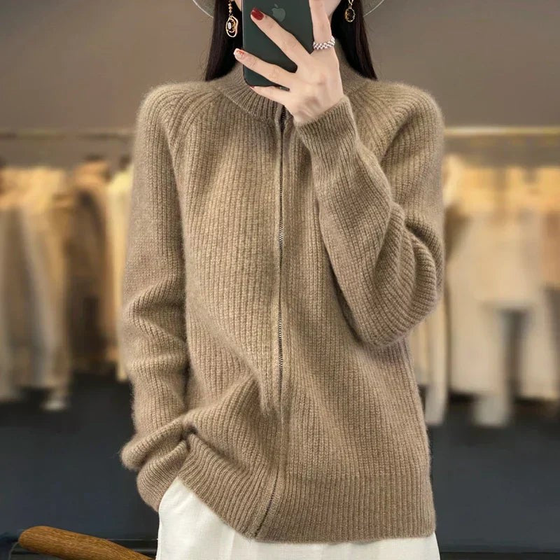 Women’s High-Collar Zip-Up Knit Sweater