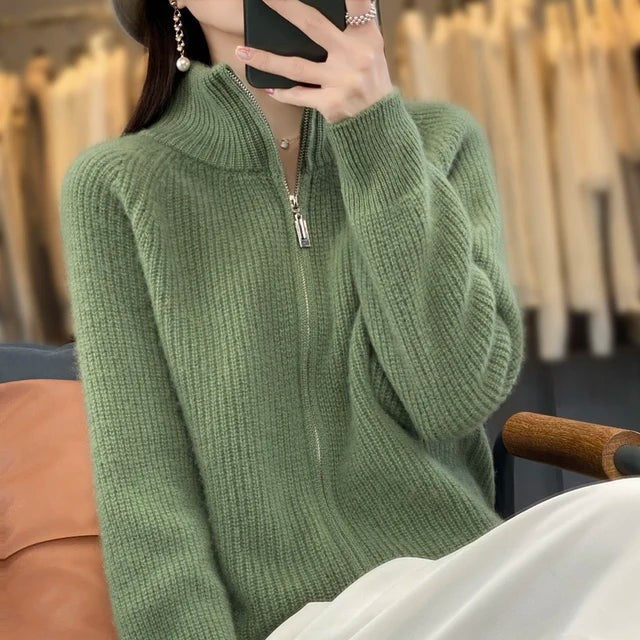 Women’s High-Collar Zip-Up Knit Sweater