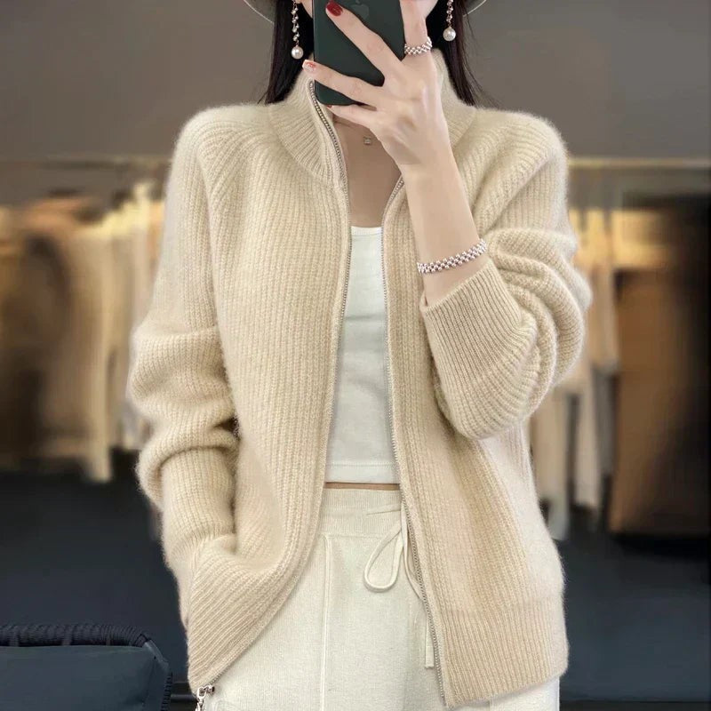 Women’s High-Collar Zip-Up Knit Sweater