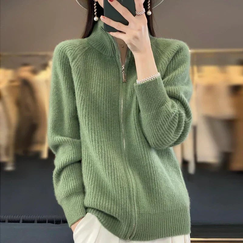 Women’s High-Collar Zip-Up Knit Sweater