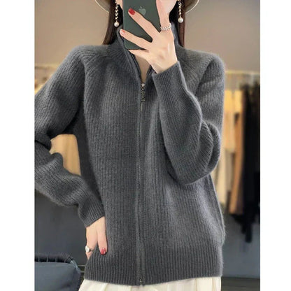 Women’s High-Collar Zip-Up Knit Sweater