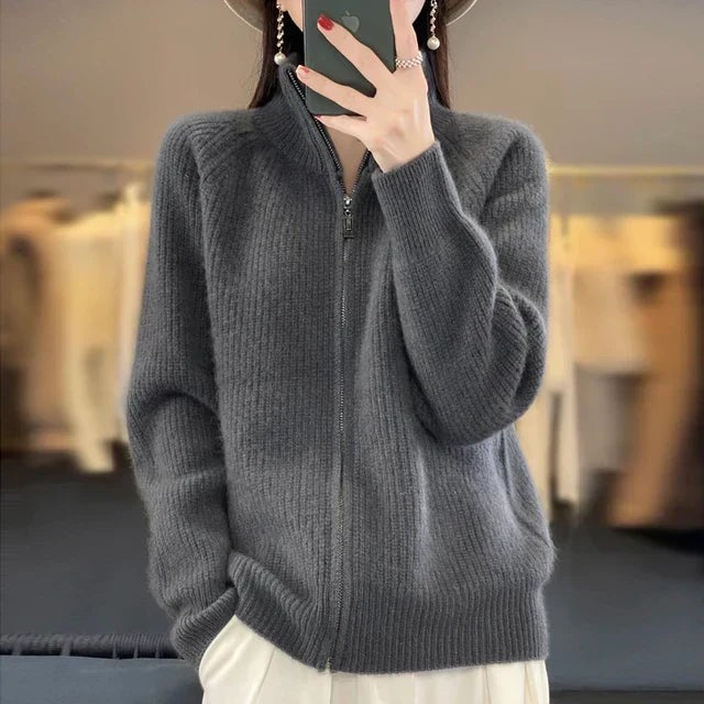 Women’s High-Collar Zip-Up Knit Sweater