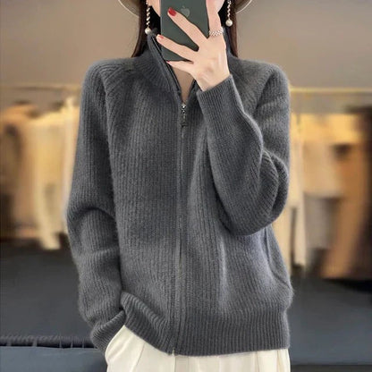 Women’s High-Collar Zip-Up Knit Sweater