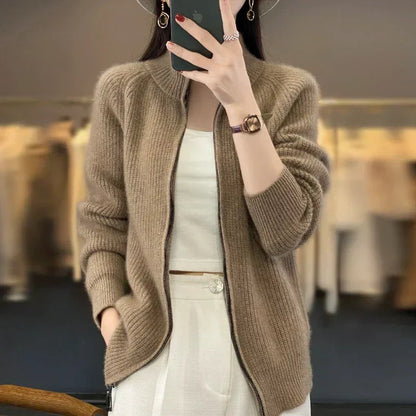 Women’s High-Collar Zip-Up Knit Sweater