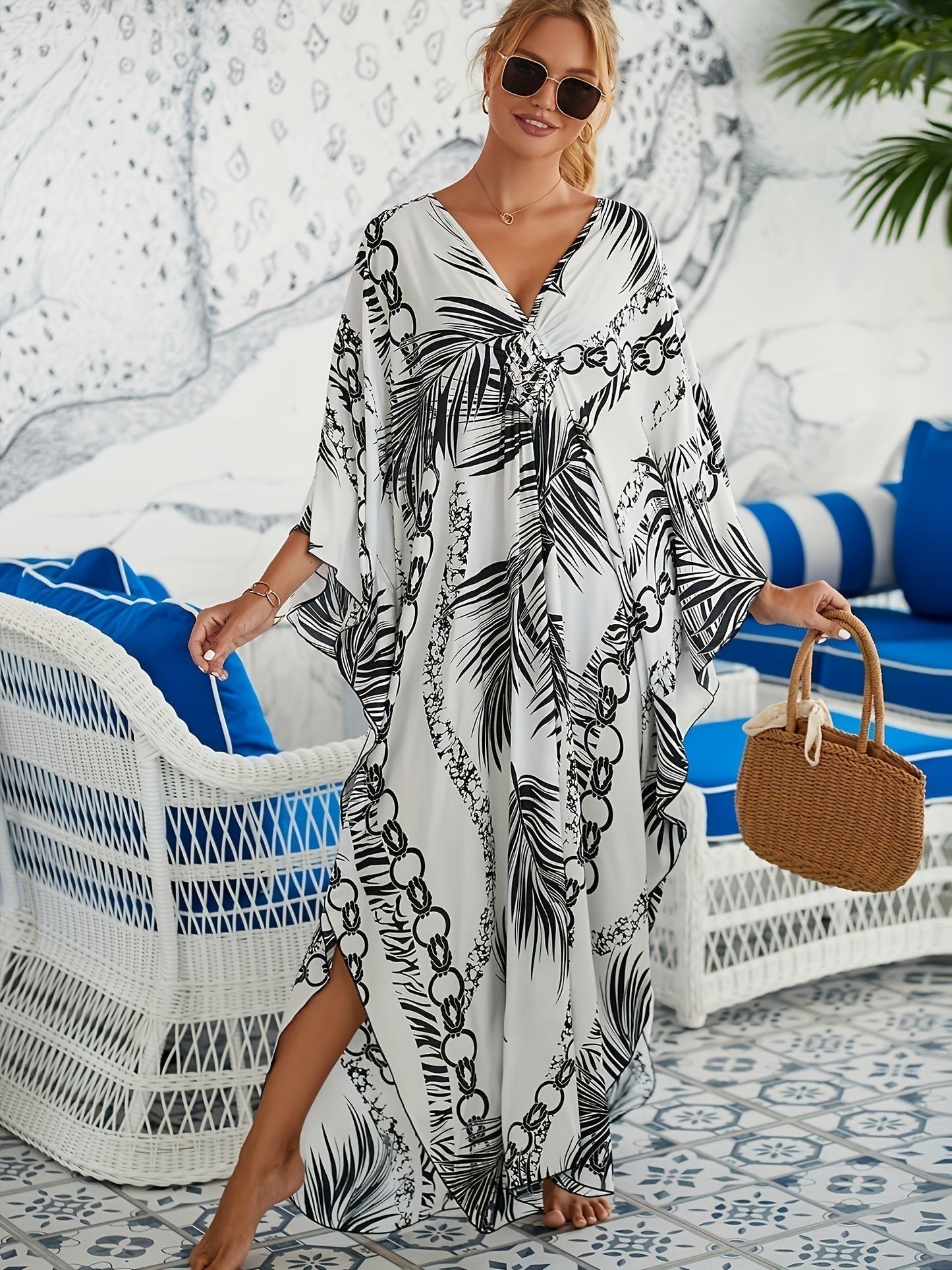 Women’s Palm-Print Kaftan Maxi Dress